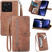 Xiaomi 13T / 13T Pro - Portemonnee met rits - book-case hoesje - ruimte voor 7 pasjes - mandala bloemen - bruin