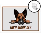 Waakbord/ bord alu di-bond | "Hier waak ik" | 30 x 20 cm | Duitse Herder | Herdershond | Waakhond | Hond | Chien | Dog | Betreden op eigen risico | Mijn huisdier | Roestvrij | Rechthoek | 1 stuk