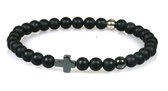 IbizaMen - heren armband - Zwart mat onyx 6mm - hematiet kruisje en kraal - RVS kraal - 21cm