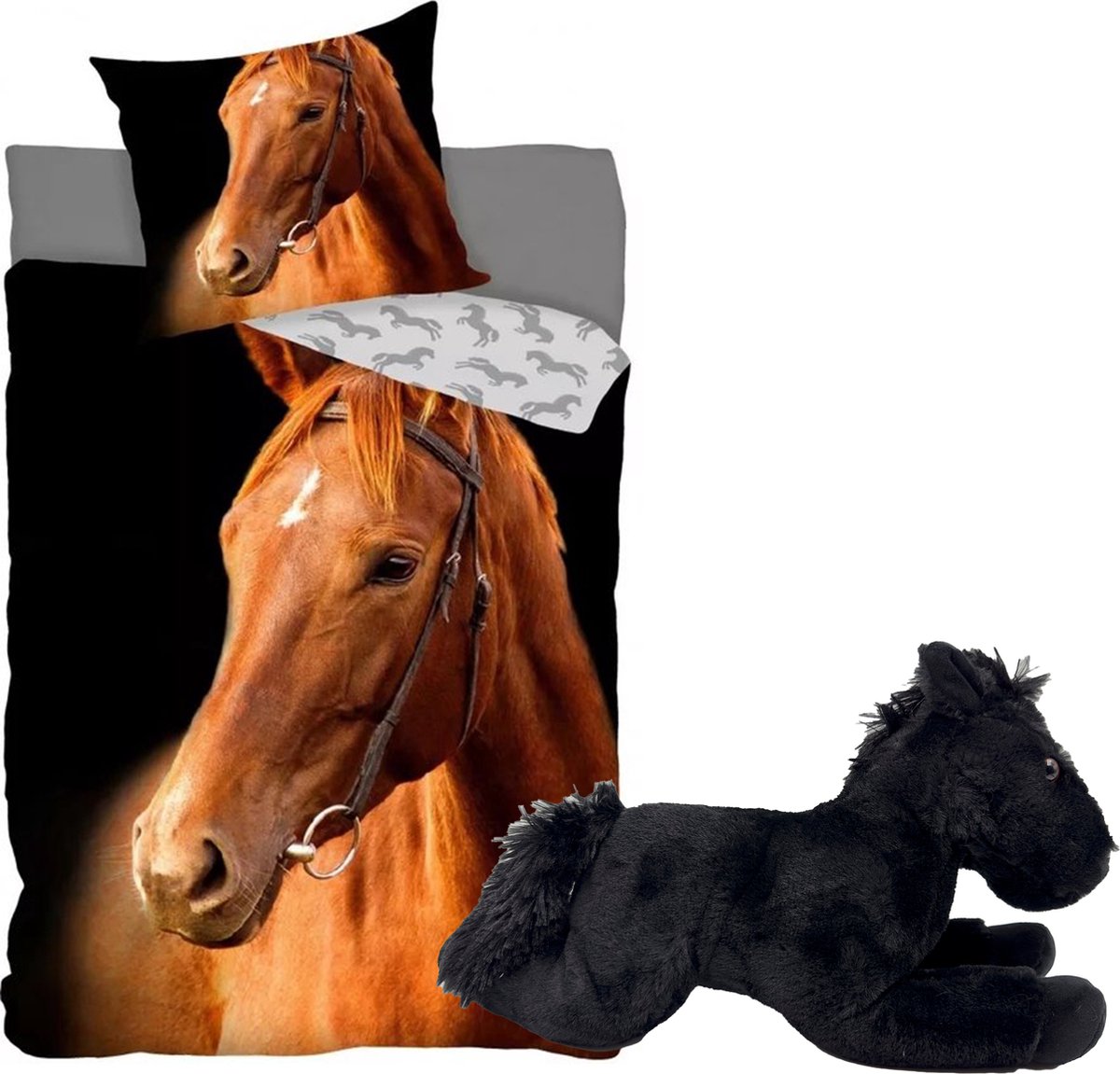 Dekbedovertrek Bruin Paard-Paardenhoofd- 140x200- katoen- incl. zwarte paarden knuffel- pluche 32cm.