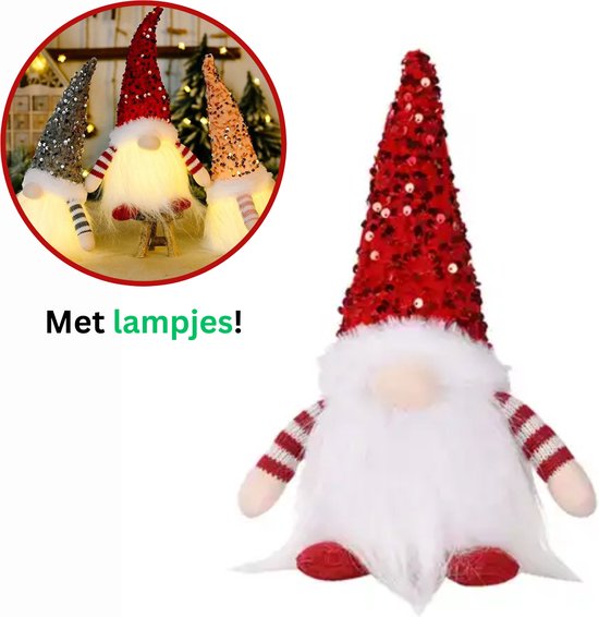 MOZY - Kerst Gnoom - Rood - met Verlichting - 30 cm - Glitter Pailletten - Gnome - Gnomen - Kerstversiering - Kerst Decoratie - Kerstboom Versiering