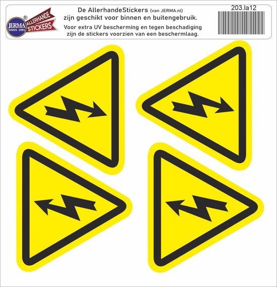 Driehoek stickers geel, zwart. Elektrisch spanning gevaar 10cm. set 4 stuks