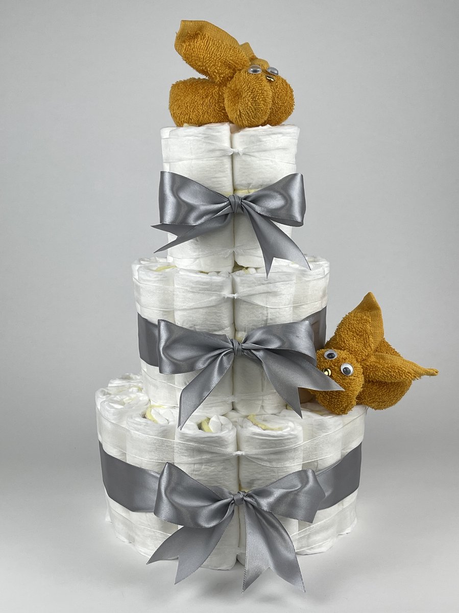 Goedkoopste Chouette-Chouette | Luiertaart Neutraal | Kraamcadeau | Geboorte Jongen Meisje | Babyshower | Konijnen Oker - Grijs