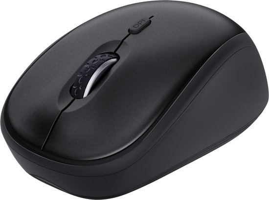 Zwarte Trust muis met scrollwiel en DPI-knop, op een witte achtergrond.