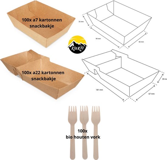 KURTT - 100 stuks A7 bakje karton + 100 stuks A22(A9+1) bakje karton + 100 houten vorken - klein frietbakje - snackbakje - kartonnen bakje - milieuvriendelijk - duurzaam - friet - patat - vorken - houten vorken - bestek - lunch - Bio