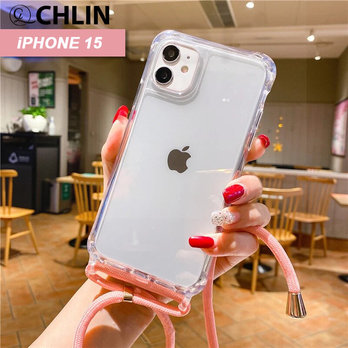 CL CHLIN® - iPhone 15 transparant hoesje met ROZE koord - Hoesje met koord IPhone 15 - iPhone 15 case - iPhone 15 hoes - iphone hoesje met cord - iPhone 15 bescherming - iPhone 15 protector