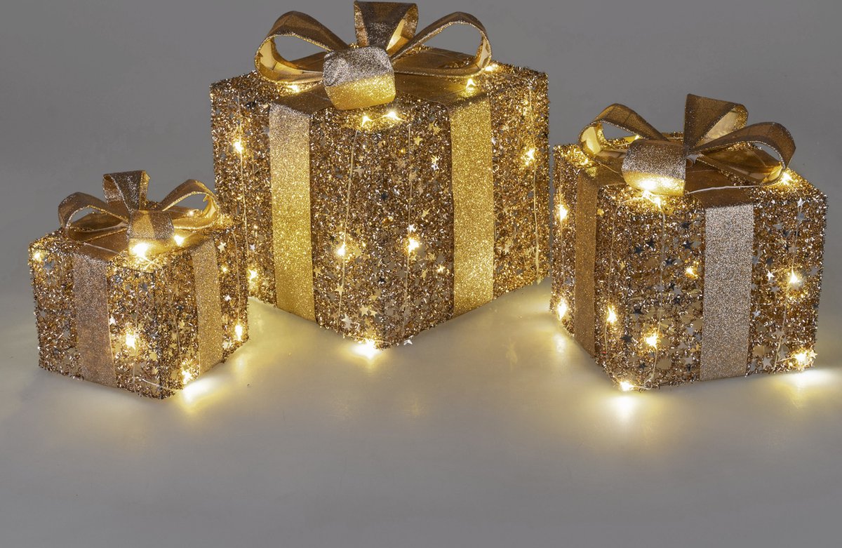 Verlichte Geschenkdozen – Set van 3 LED Kerstdecoraties voor een Warme Feestsfeer