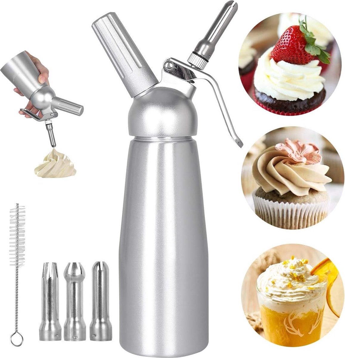 Stainless Steel Cream Dispenser 500 ml Cream Dispenser with Cartridge Whipped Cream Maker with 3 Stainless Steel Nozzles 1 Cleaning Brush Professional Cream Syphon Made of Aluminium