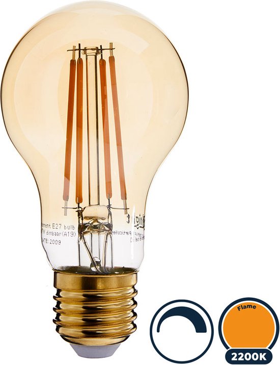 Led filament E27 bulb lamp 7 Watt, flame (2200K) extra warm licht, dimbaar tot 0%, 800 lumen - Ø60mm