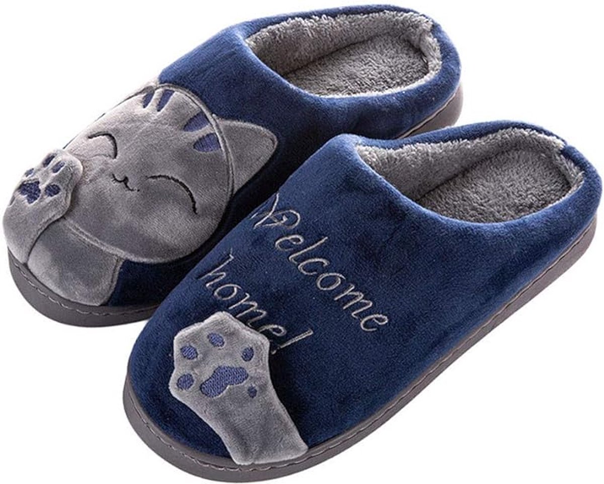 Winter Katoenen Pantoffels, Sloffen voor Dames Kinderen Winter Comfort Geheugen Schuim Kat Schattige Cartoon Pantoffels, Warme Pluche Zachte Anti-slip Indoor Pantoffels-Marineblauw（42/43 EU Maat）