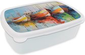 Broodtrommel Wit - Lunchbox Boten - Kunst - Kleuren - Schilderij - Brooddoos 18x12x6 cm - Brood lunch box - Broodtrommels voor kinderen en volwassenen