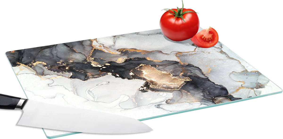 Glazen Snijplank - 39x28 - Marmer - Zwart - Wit - Goud - Luxe - Abstract - Snijplanken Glas