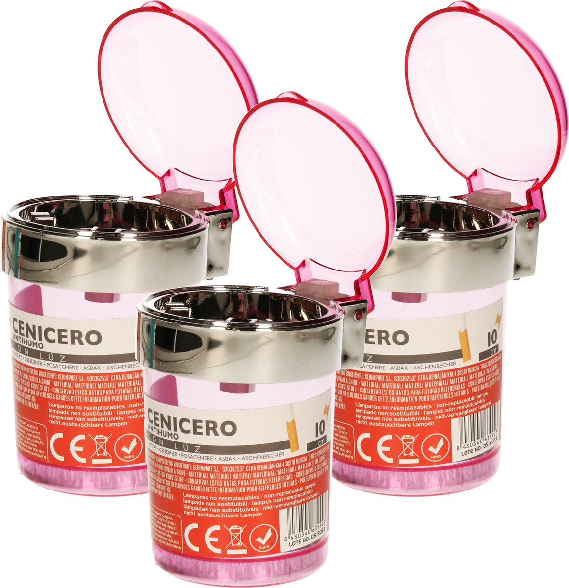 Goedkoopste Auto asbak met LED lamp verlichting en klepje - 3x - roze - 11 x 8 cm