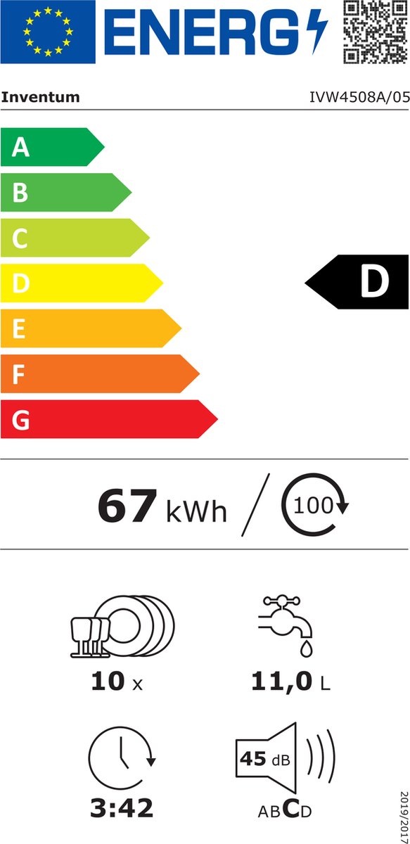 Inventum IVW4508A smalle inbouw vaatwasser - 10 couverts - Volledig integreerbaar - 45 cm breed - Bestekmand - 6 programma’s - Max nishoogte 87 cm - Startuitstel - Energielabel D — afbeelding 3