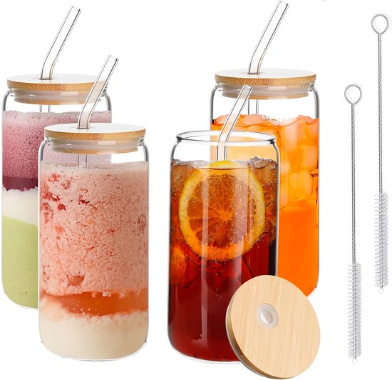 Cocktailglazenset, 500 ml, drinkglazen met bamboedeksel en glazen rietjes, blikvormige glazen beker, bierglazen, bubble tea-beker, ijskoffieglazen voor familie, feest, bar