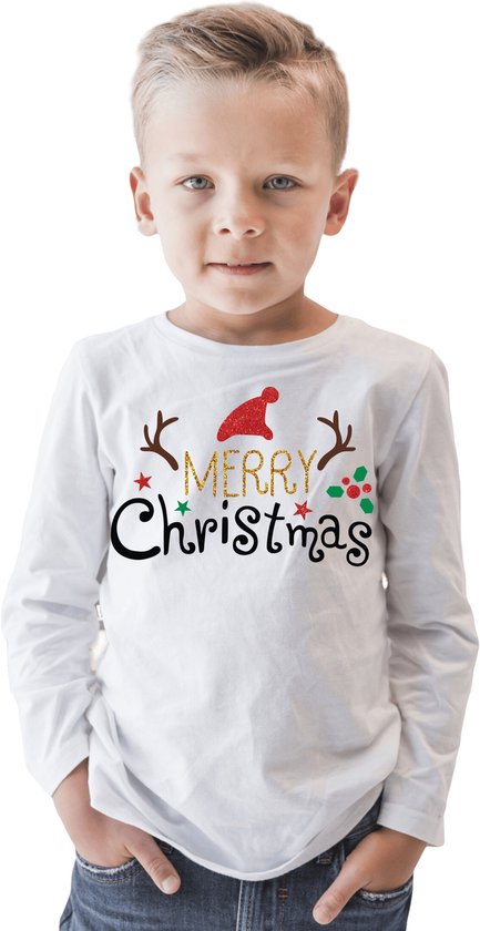 Kids (unisex) T-shirt / Kerstkleding / Christmas Familie bijpassende glitter outfits | Wit | Maat 122-128