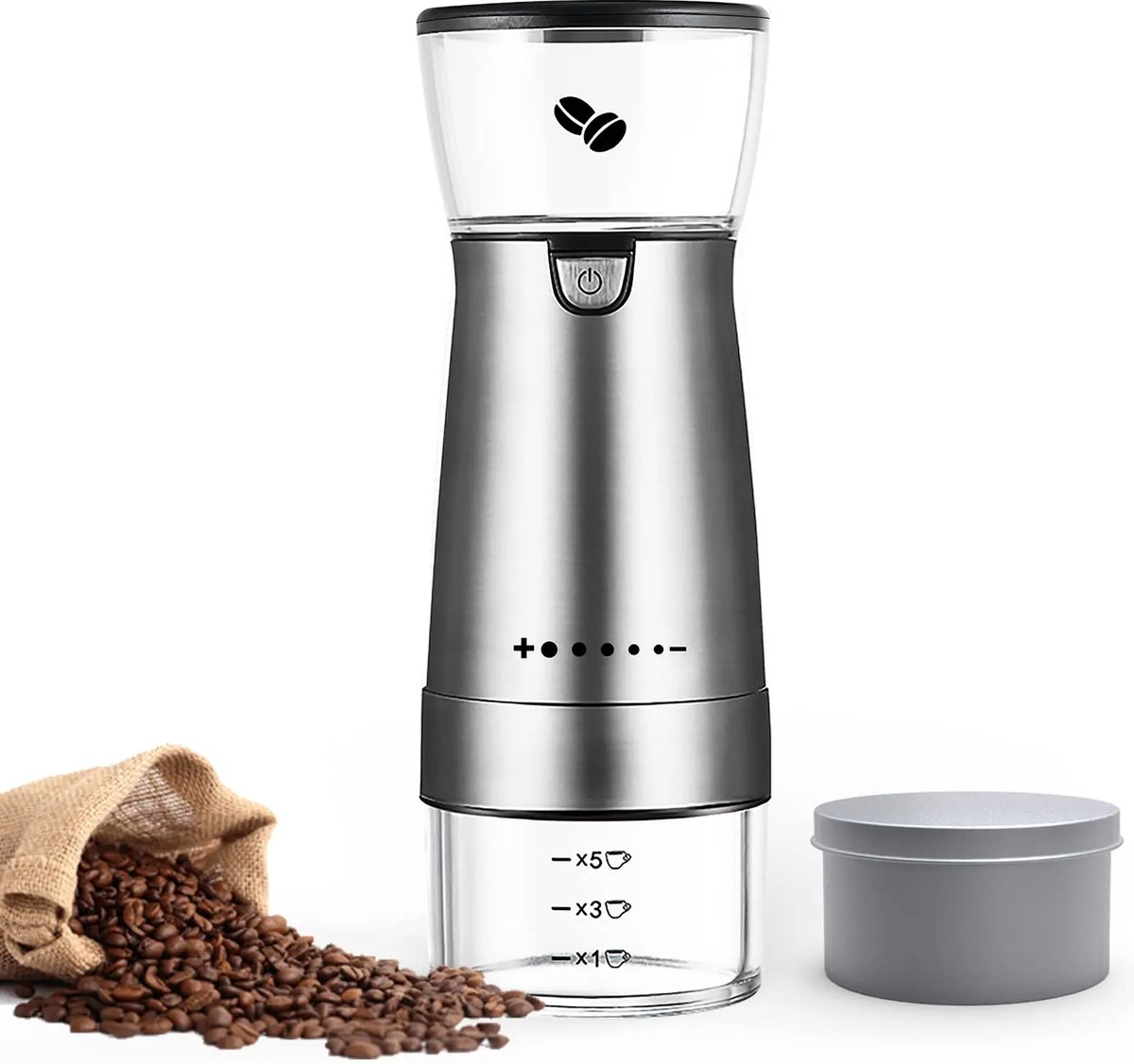 DrPhone AromaCraft – Metalen Koffie Maler Met 5 Maalniveaus – Oplaadbare Maler – Draadloos – Electrische Koffiemolen Zilver