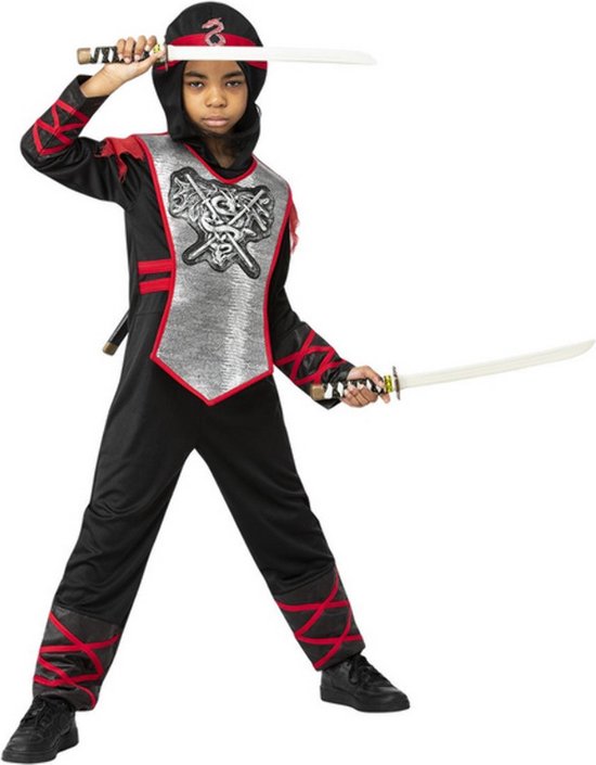Smiffy's - Ninja & Samurai Kostuum - Deluxe Silver Ninja Heija Kind Kostuum - Zwart - Small - Carnavalskleding - Verkleedkleding
