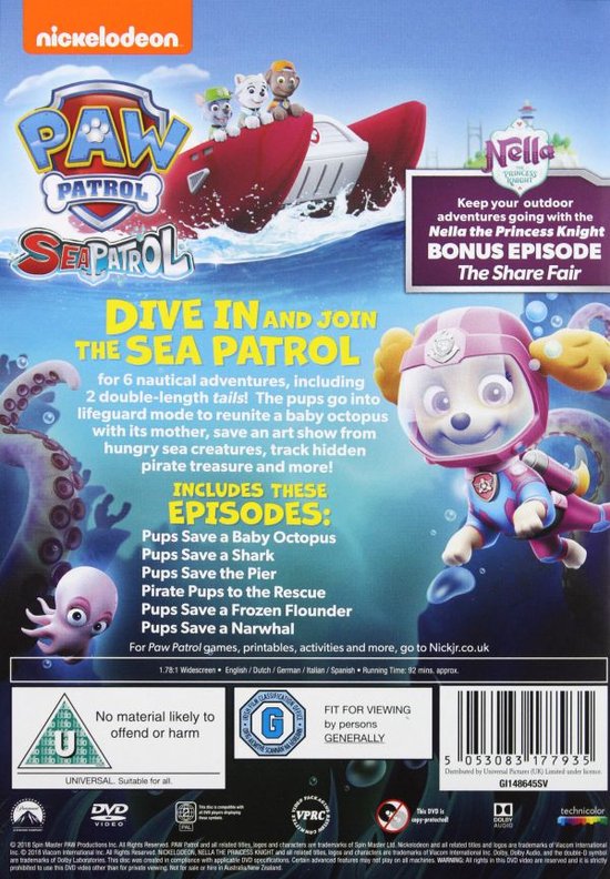 Achterkant van de Paw Patrol Sea Patrol DVD met een beschrijving van de afleveringen en een afbeelding van Skye.