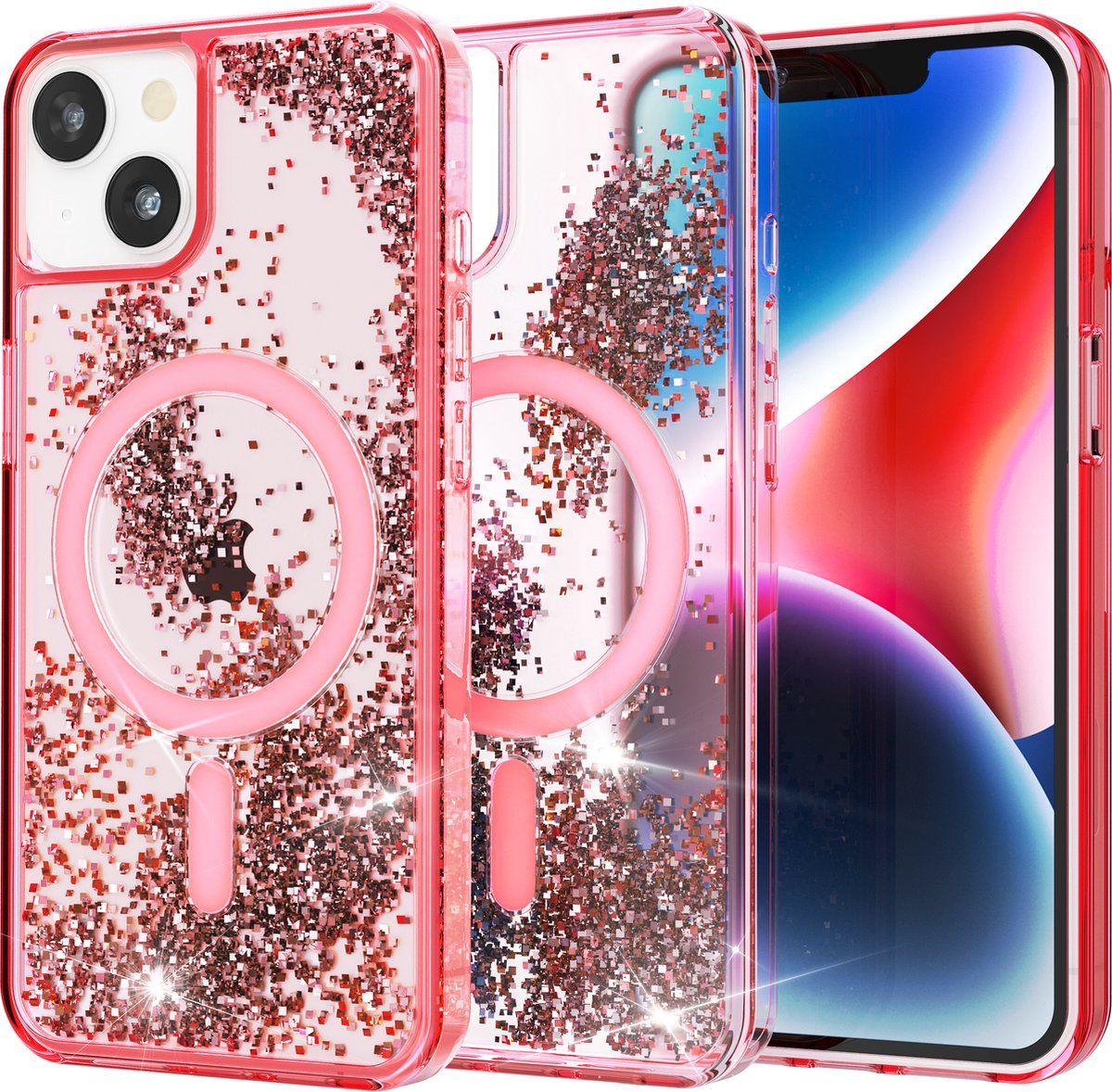 My Case Transparant Hoesje – Geschikt voor iPhone 14 Plus Roze Glitter - Geschikt voor MagSafe – Glitters, Sterk en Shock proof