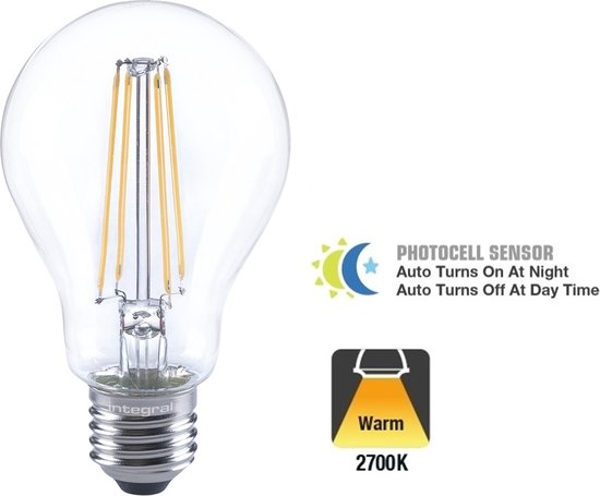 Integral LED - E27 LED lamp - 7 watt - 2700K - 470 lumen - Dag/Nacht sensor - Clear cover - niet dimbaar