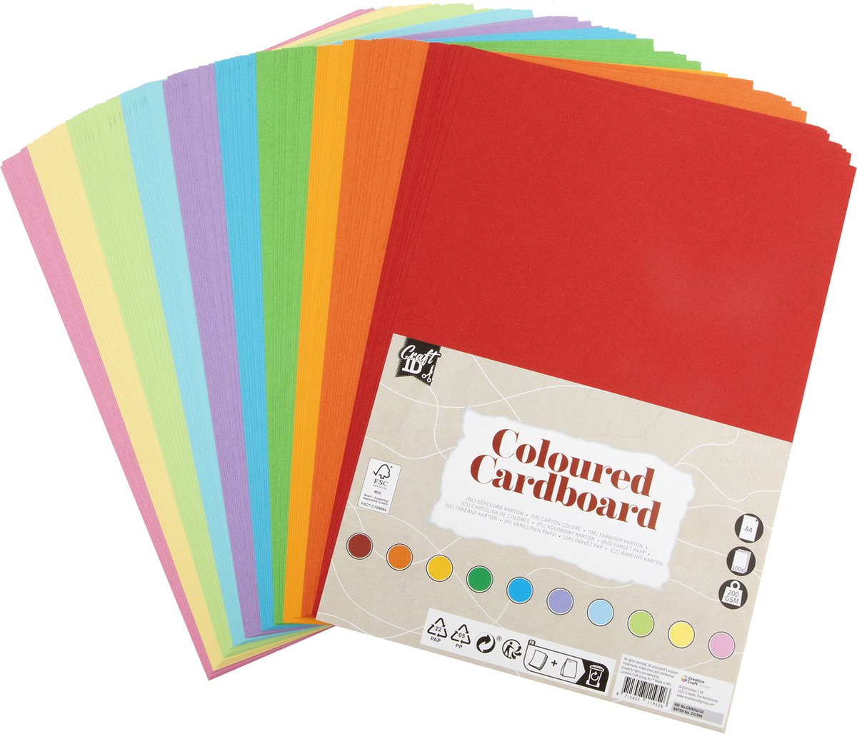 Craft ID Gekleurd Karton - A4 Formaat - 100 Vellen - 200grams Papier - 10 Verschillende Kleuren - Knutselen - Hobbykarton - Duurzaam Papier - Craft ID