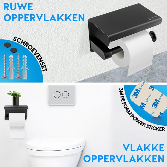 Happy Goods WC Rolhouder met Plankje - Zelfklevend / Boren - Toiletrolhouder Zwart zonder Boren - RVS - Incl. Schroeven - Happy Goods®