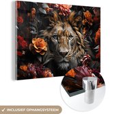 MuchoWow® Glasschilderij 150x100 cm - Schilderij acrylglas - Leeuw - Dier - Natuur - Bloemen - Botanisch - Foto op glas - Schilderijen