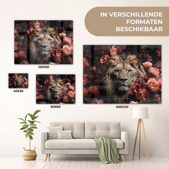 MuchoWow® Glasschilderij 120x90 cm - Schilderij acrylglas - Leeuw - Dier - Natuur - Botanisch - Bloemen - Roze - Foto op glas - Muurdecoratie woonkamer - Wanddecoratie slaapkamer - Schilderijen