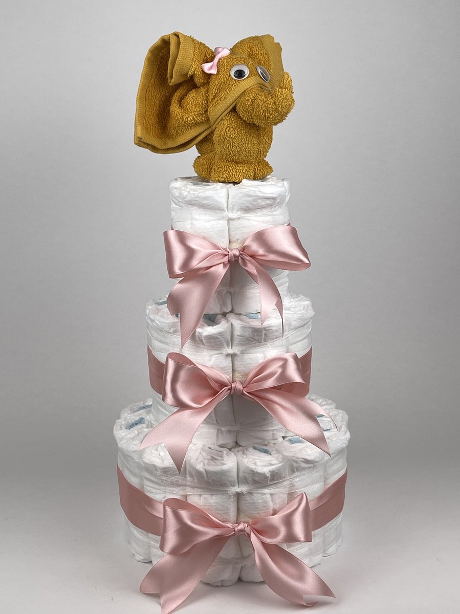 Chouette-Chouette | Luiertaart Meisje | Kraamcadeau | Geboorte Meisje | Babyshower | Olifant Oker - donker Poeder Roze