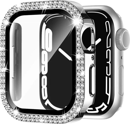 Zilverkleurig Apple Watch hoesje met rand van glinsterende steentjes, op een zilverkleurige smartwatch.