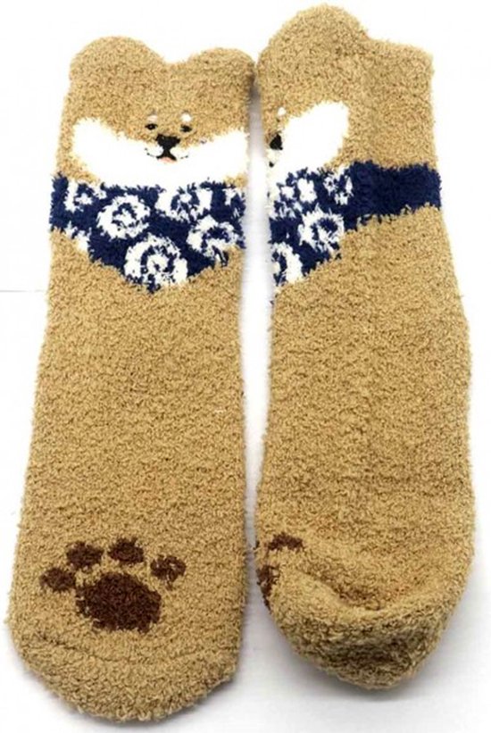 Fluffy sokken, warme wintersokken, 2 PAAR, huissokken, zacht, met hondenmotief, dog, maat one size (35-40), cadeautip!