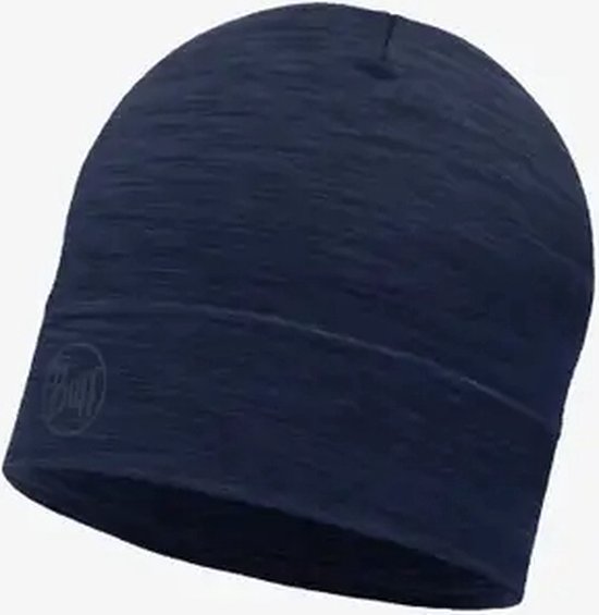 Donkerblauwe Buff muts met een lichtgrijze cirkel logo op de voorkant.