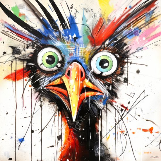 JJ-Art (Canvas) 100x100 | Gekke vogel, abstract, kleurrijk, kunst | dier, kip, ogen, blauw, rood, groen, oranje, vierkant, modern | Foto-Schilderij canvas print (wanddecoratie)