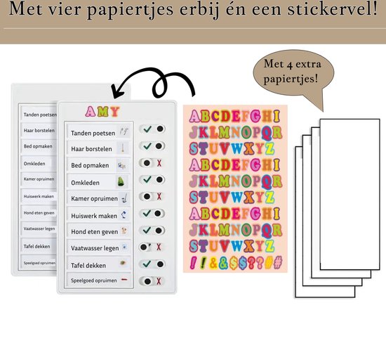 Planbord met takenlijst en vinkjes, met 4 papieren en alfabet stickers.