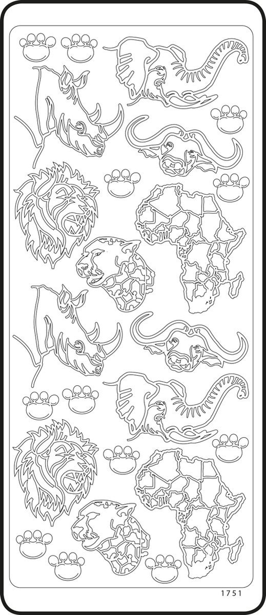 JEJE 1751 stickervel zilver Afrika wilde dieren leeuw neushoorn panter buffel olifant big five scrapbook Africa 23 zilveren stickers zelfklevend