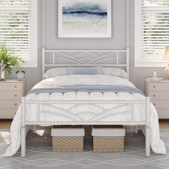 Cadre de lit en Métal , cadre de lit d'invité, lit de jeunesse moderne avec sommier à lattes, pour chambre à coucher, chambre d'amis, 90 x 190 cm, White