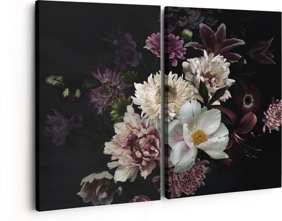 Artaza Canvas Schilderij Tweeluik Diverse Bloemen Op Zwart Achtergrond - 160x120 - Groot - Foto Op Canvas - Canvas Print