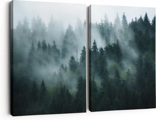 Artaza Canvas Schilderij Tweeluik Bos Met Bomen In De Mist - 60x40 - Klein - Foto Op Canvas - Canvas Print