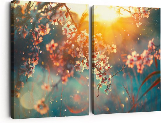 Artaza Canvas Schilderij Tweeluik Bloesemboom Tijdens Zonsondergang - Bloem - 180x120 - Groot - Foto Op Canvas - Canvas Print