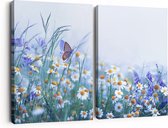 Artaza Peinture sur Toile Diptyque Fleurs de Camomille Witte avec Un Papillon - 180x120 - Groot - Photo sur Toile - Impression sur Toile