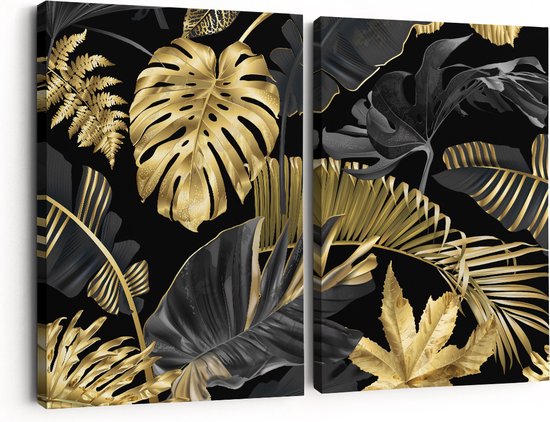 Artaza Canvas Schilderij Tweeluik Gouden Tropische Bladeren - 180x120 - Groot - Foto Op Canvas - Canvas Print
