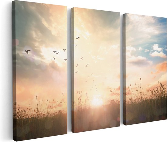 Artaza Canvas Schilderij Drieluik Silhouet Vogels Tijdens Zonsopkomst - 180x120 - Groot - Foto Op Canvas - Canvas Print