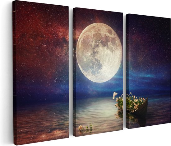 Artaza Canvas Schilderij Drieluik Volle Maan in de Hemel boven het Water - 150x100 - Groot - Foto Op Canvas - Canvas Print