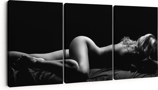 Artaza Canvas Schilderij Drieluik Vrouw Naakt in Bed - Erotiek - Zwart Wit - 180x80 - Groot - Foto Op Canvas - Canvas Print