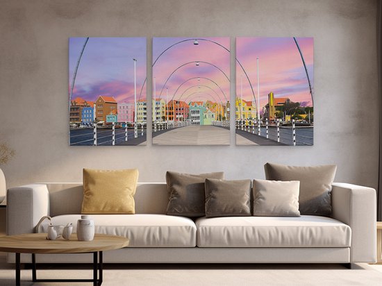 Artaza Peinture sur toile Triptyque Maisons colorées de Willemstad à Curaçao - 180x80 - Groot - Photo sur toile - Impression sur toile