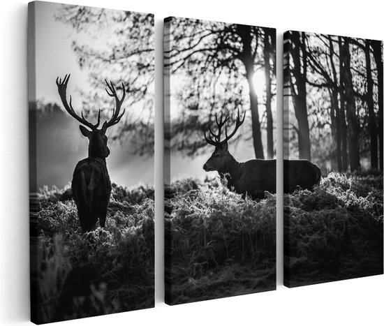 Artaza Peinture sur Toile Triptyque Deux Cerfs au Coucher du Soleil - Wit Zwart - 180x120 - Groot - Photo sur Toile - Impression sur Toile