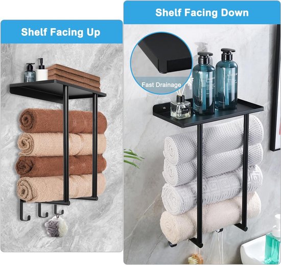 - Porte-serviettes sans perçage, noir, barre porte-serviettes, mural salle de bain, porte-serviettes invités, fixation murale, porte-serviettes, porte-serviettes de bain avec étagère et 3 crochets pour salle de bain, toilettes invités