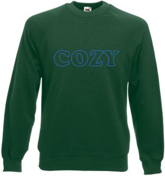 Huissweater - Huistrui - Sweater - Groen - NEON BLAUW tekst COZY - ruimzittend - LARGE
