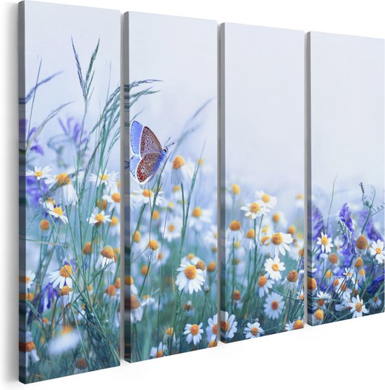 Artaza Canvas Schilderij Vierluik Witte Kamille Bloemen Met Een Vlinder - 120x90 - Foto Op Canvas - Canvas Print